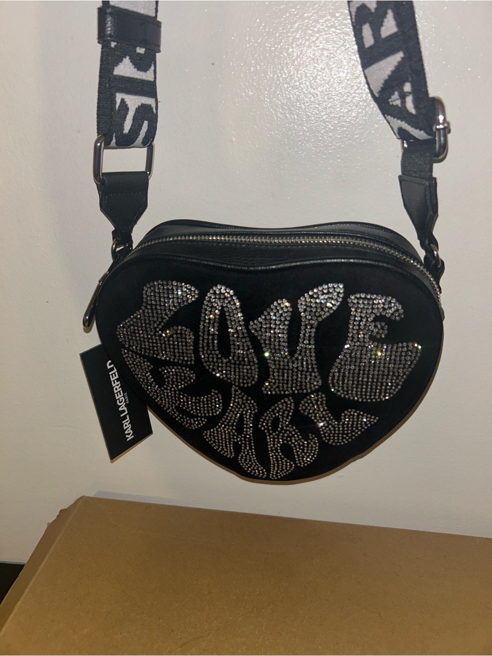 Black KARL LAGERFELD PARIS Embellished Heart Crossbody Bag With Rhinestones  NWT